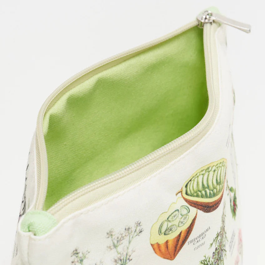 a close up of the medicinal botany zipper pouch showing the pouch unzipped revealing the solid spring green lining