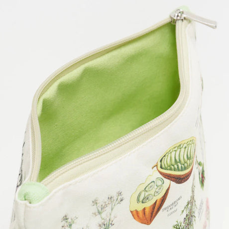 a close up of the medicinal botany zipper pouch showing the pouch unzipped revealing the solid spring green lining