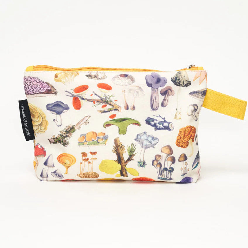 side two of a white canvas zipper pouch with vintage illustrations of woodland mushrooms. the pouch has a goldenrod yellow strap for easy carrying