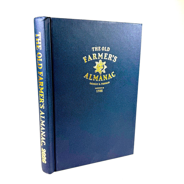 Blue book titled 'The Old Farmer's Almanac' on a white background