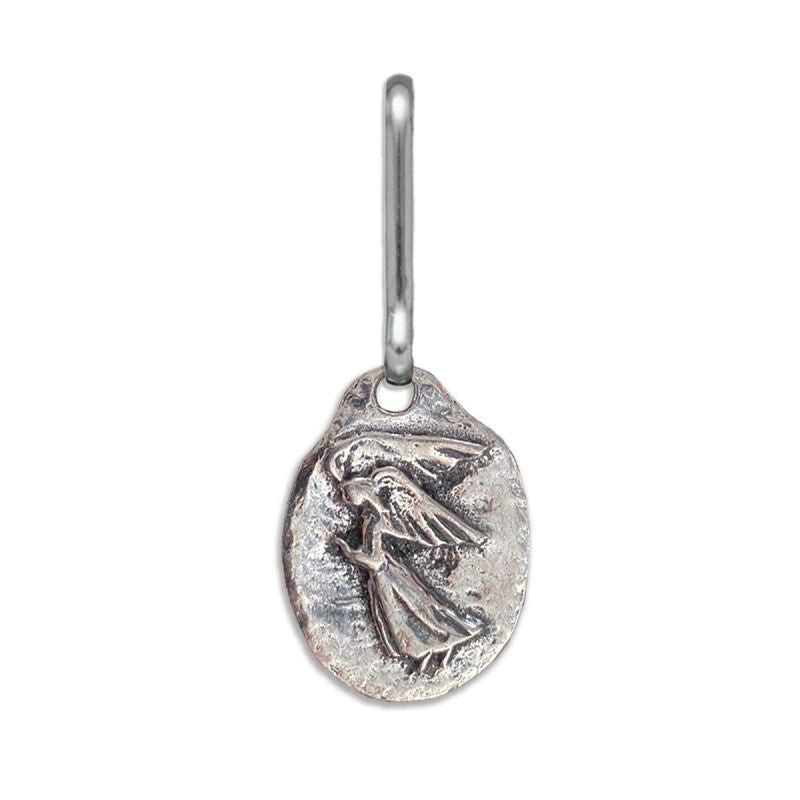an oval shaped pewter zipper pull with a relief image of a praying angel in profile, set against a white background