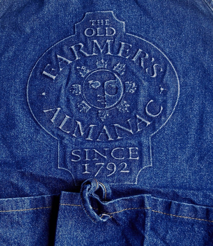 a close up of the deeply embossed old farmer's almanac logo on the gathering apron