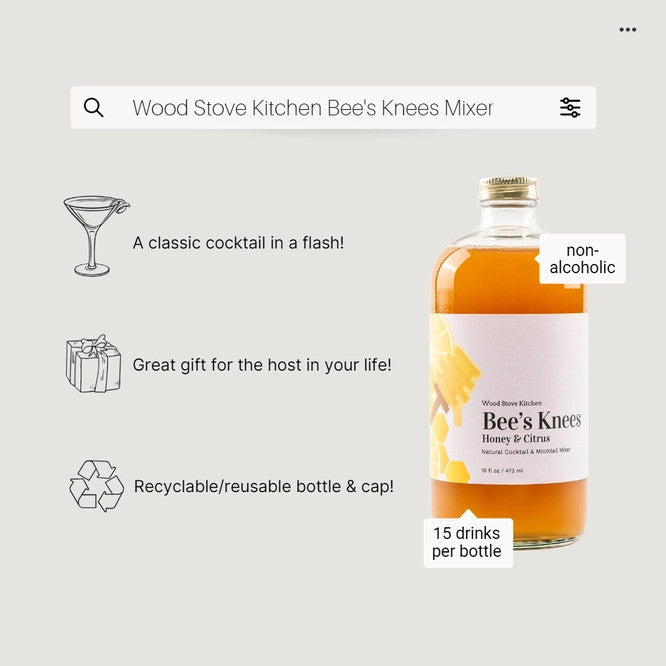 a graphic showing the bee's knees mixer alongside text highlighting its ability to be an easy cocktail, a great gift, noting that its packaging is recyclable.