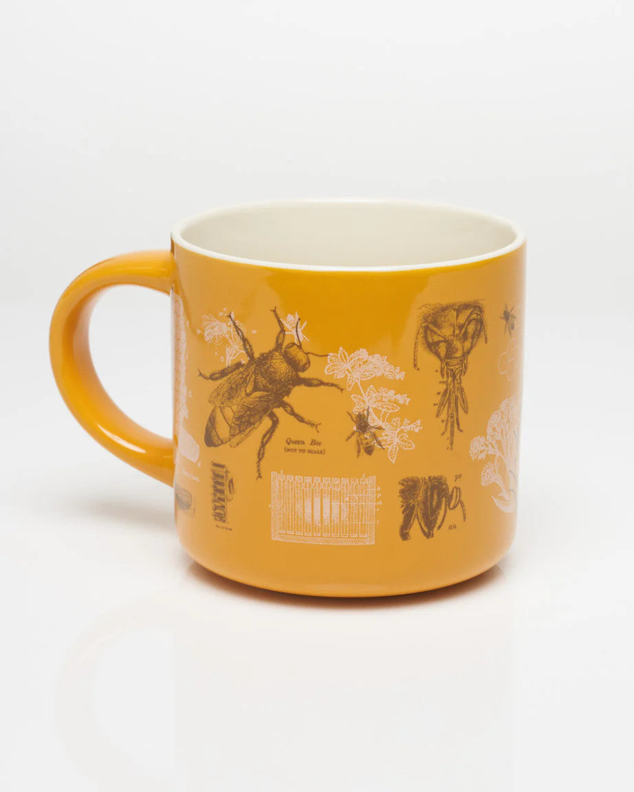 a goldenrod yellow coffee mug with vintage illustrations and scientific diagrams of honey bees