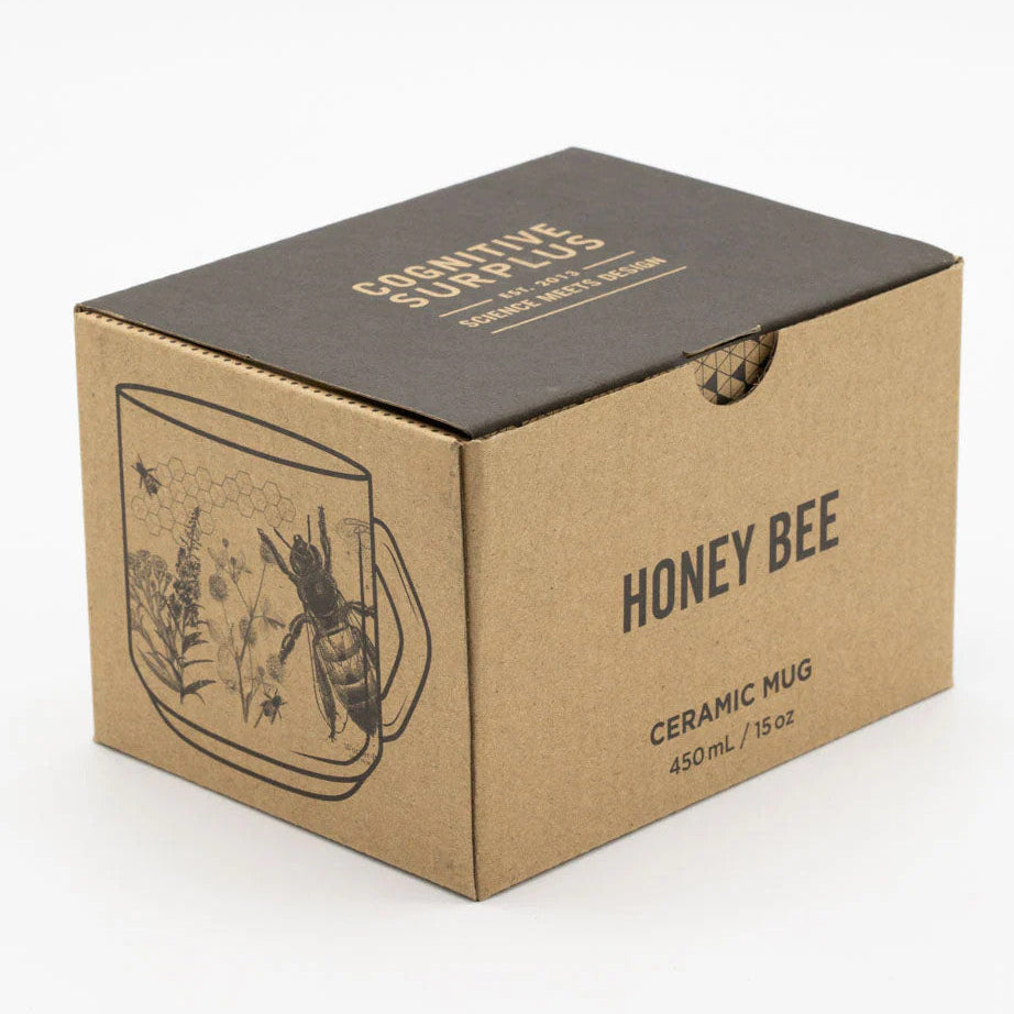 the box that the mug ships in for safe receipt - the box reads "honey bee" on one side and has a rendering of the mug on the other