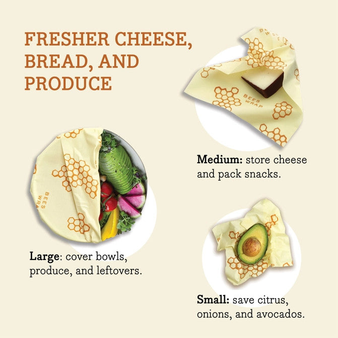 a graphic of images of bees wrap in use describing the uses for each size: Large: cover bowls, produce & leftovers, Medium: store cheese and pack snacks, Small: save citrus, onions, and avocados