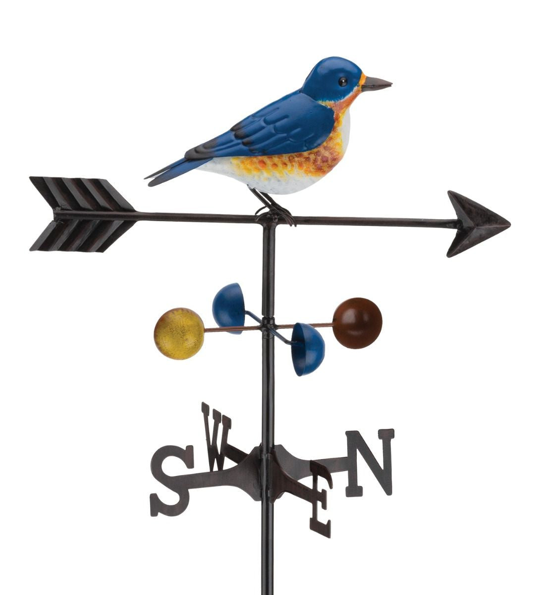 Close-up of the bluebird weathervane, highlighting the full 3-dimensional body and thick metal construction