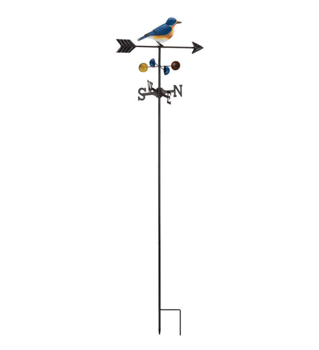 Weathervane Stake featuring a detailed bluebird sculpture, showcasing its vibrant colors and intricate design and tall stake