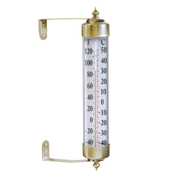The brass thermostat with a white back showing everything that comes with it.