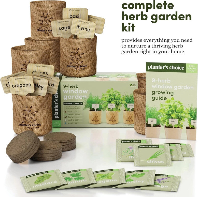 the 9 herb window garden kit package and contents arranged in a playful way
