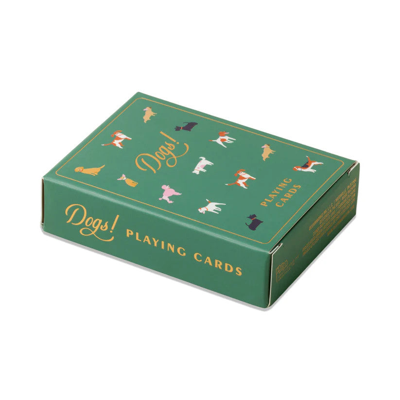 the Dogs playing cards tuck box as seen from a side view angle showing the text "Dogs! Playing cards " printed on the outer edge of the box