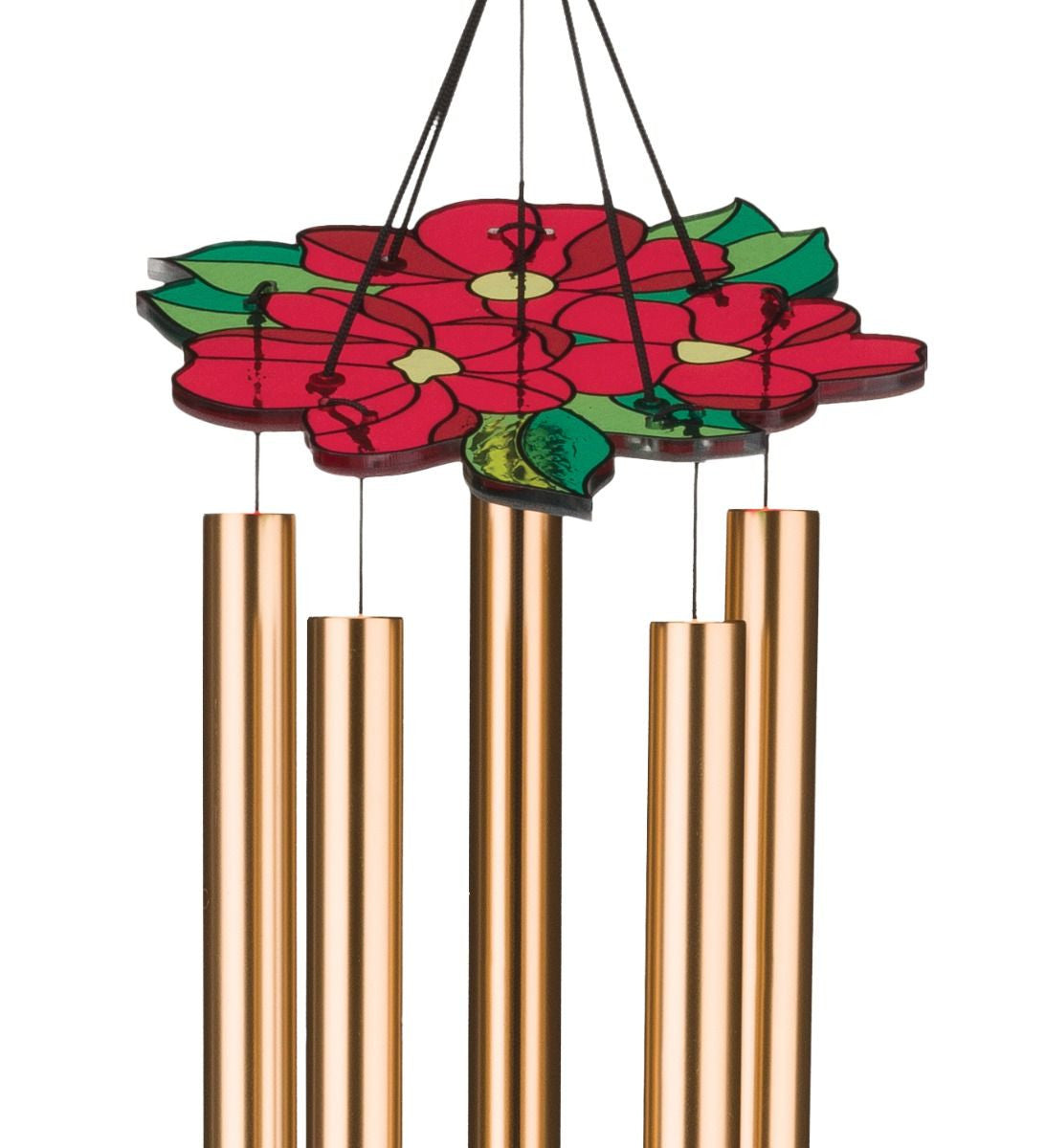closeup of the red floral canopy of the cardinal chimes showing chimes hanging below