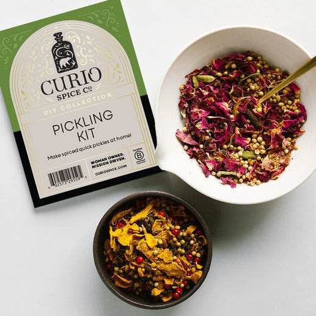 the components of the pickling kit; the two unique spice blends and label/booklet