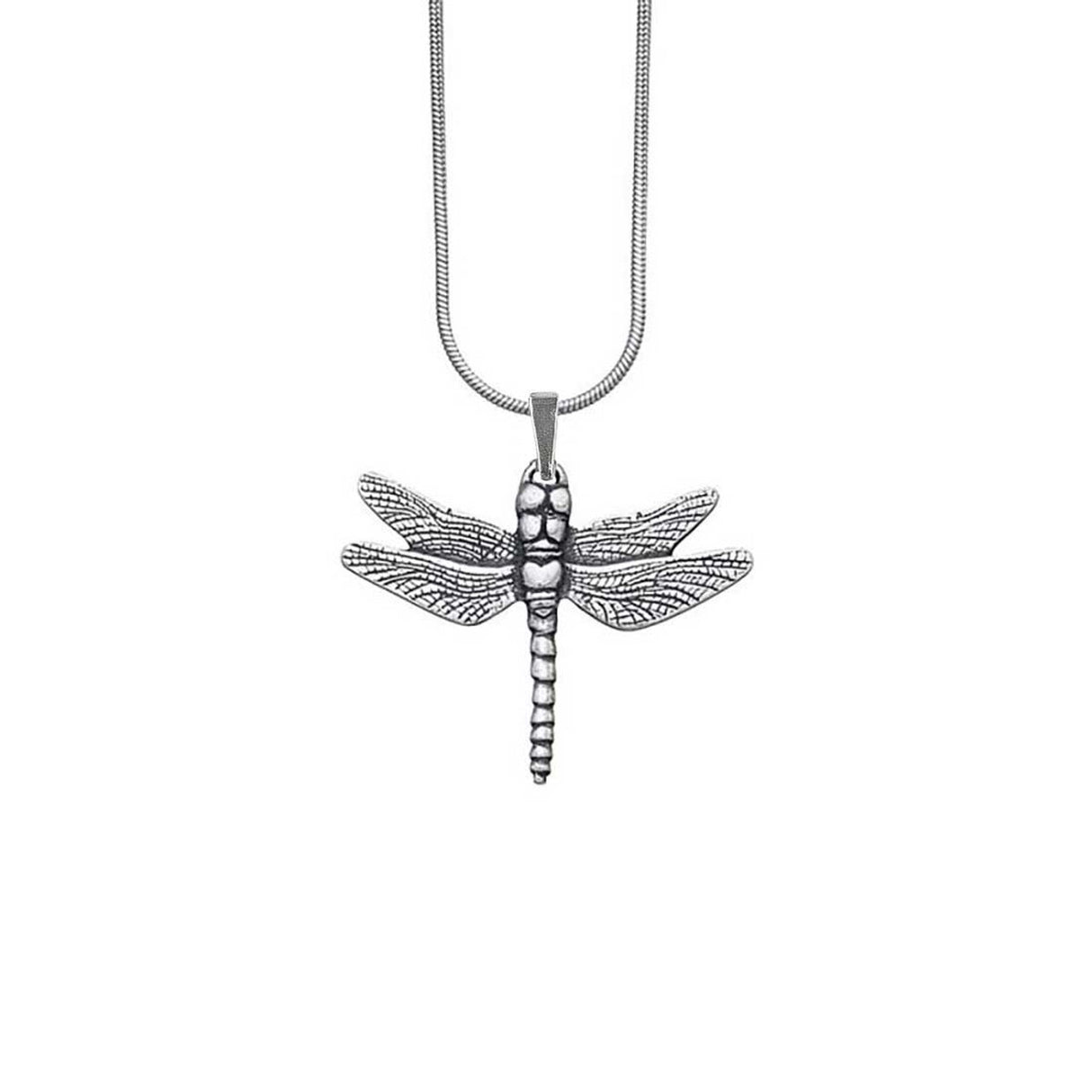 an intricately detailed pewter dragonfly shaped pendant hanging from a silver chain