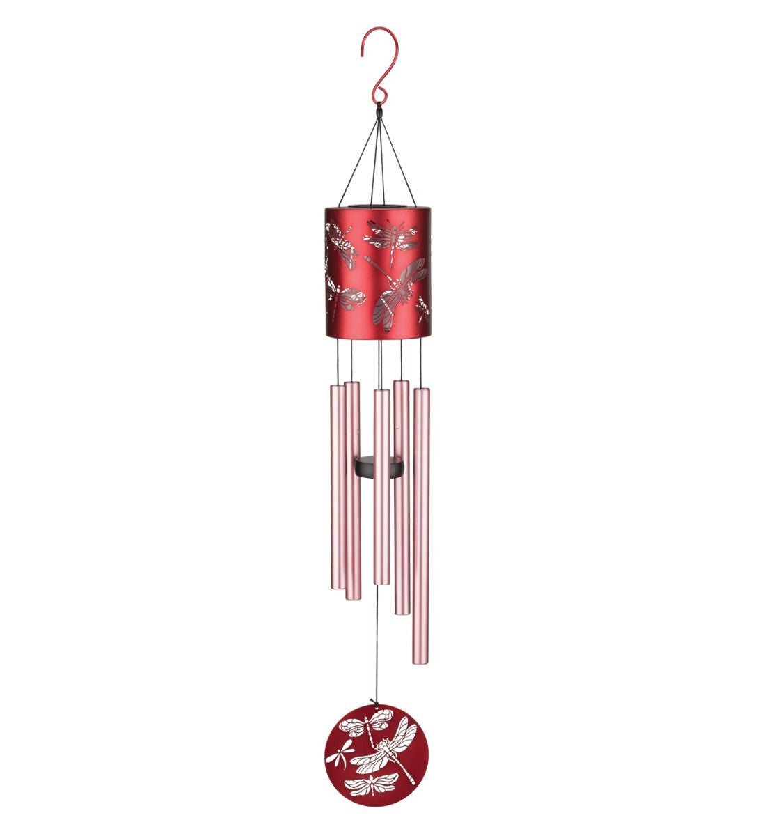 red metallic garden chime with dragonfly illustrations on the body and hanging below the chimes