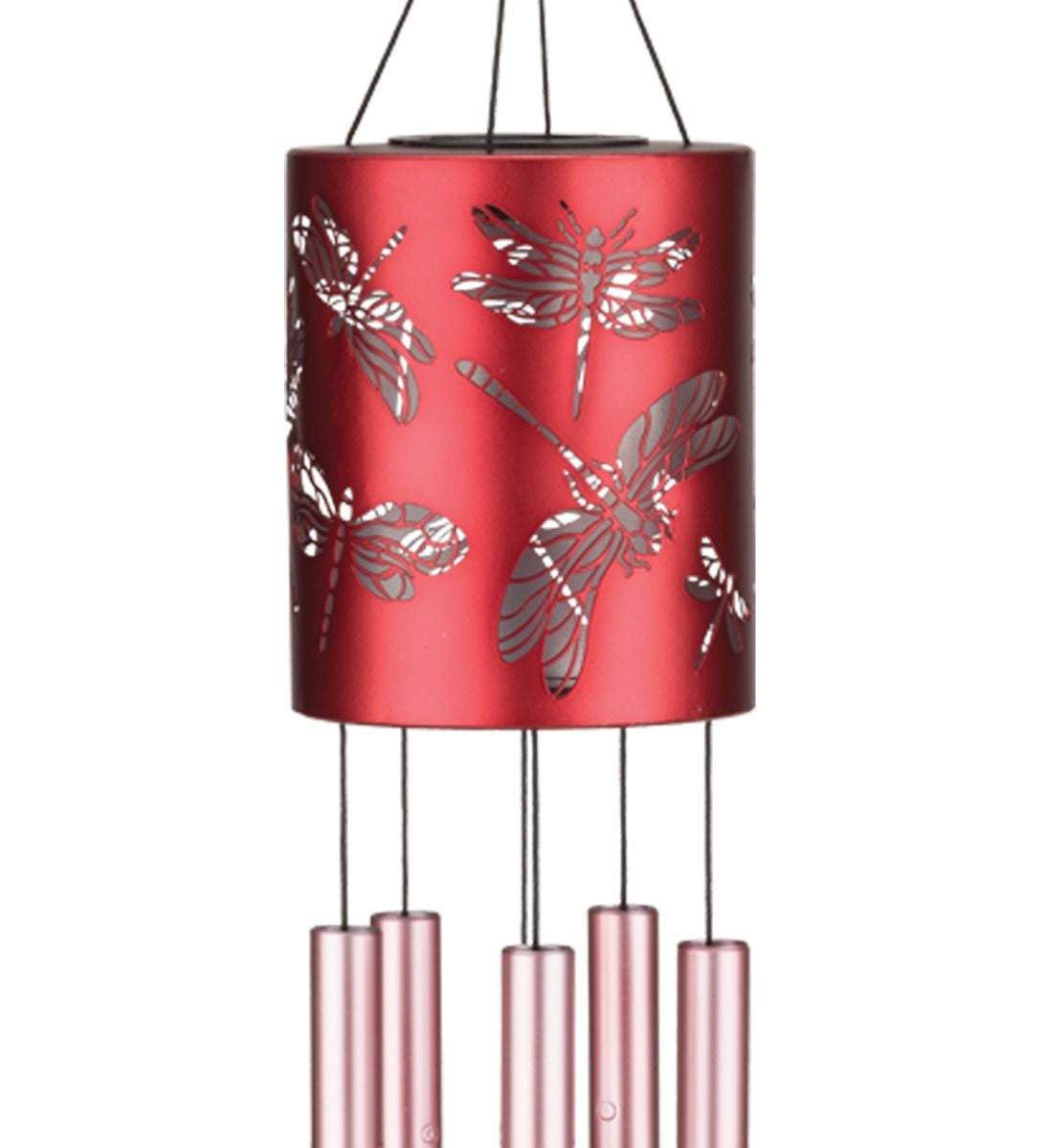 closer view of the body of the chime showing the dragonfly engravings on the red cylindrical body and top of chimes below