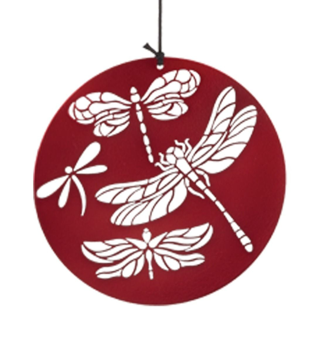 bottom piece of the chime - round, red metallic and adorned with dragonflies