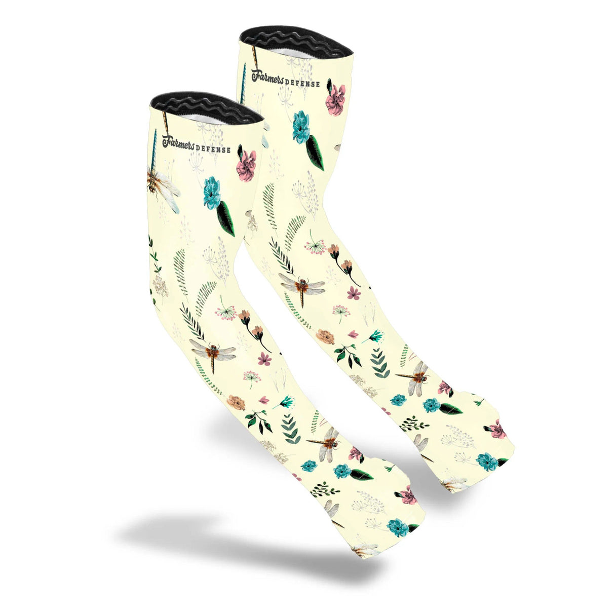 the protection sleeves in a creamy off white color with a repeated pattern of dragonflies, flowers, and leaves