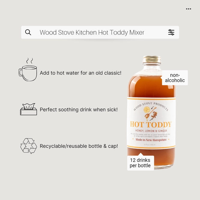 a graphic showing the hot toddy mixer alongside text highlighting its ability to be an easy drink by just adding hot water, soothing when sick, noting that its packaging is recyclable.