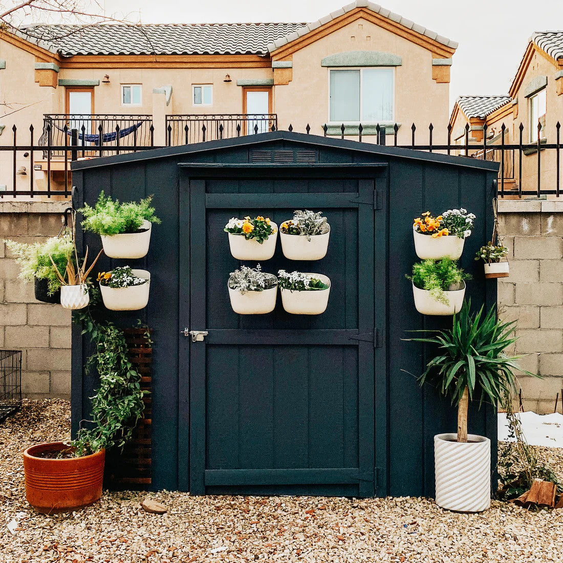 multiple oat eco wall planters affixed to the outside of a garden shed, each filled with plants