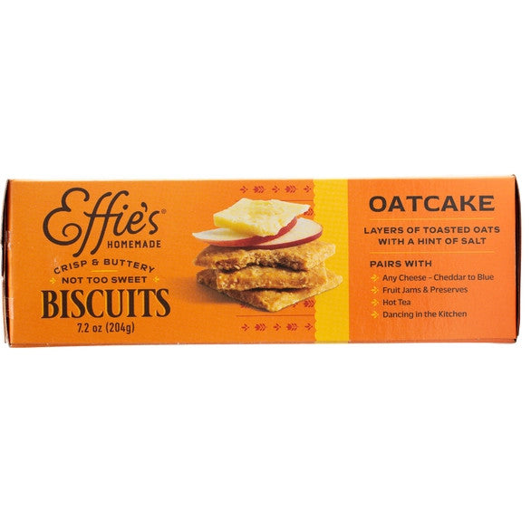 Side of Effie's oatcake box with an image of biscuits and cheese and pairing recommendations