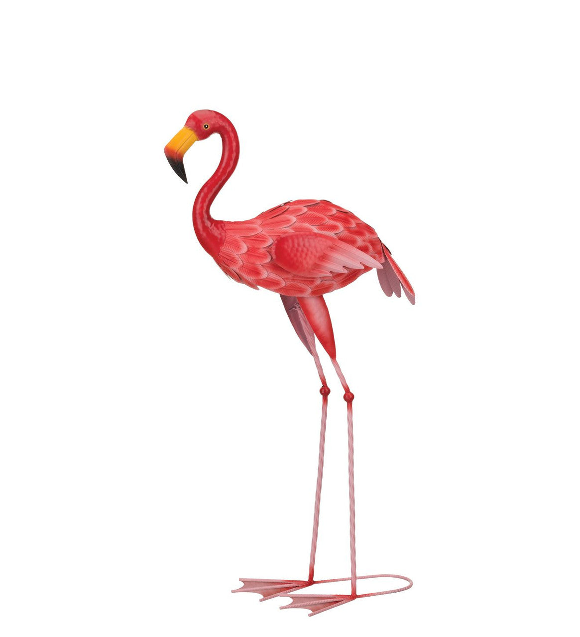 Metal sculpture of a flamingo standing upright, painted in vibrant shades of pink and red with detailed feather textures. The flamingo has a curved neck, a yellow and black beak, and long, thin legs with webbed feet. The sculpture is designed with a smooth, glossy finish, capturing the iconic pose of a flamingo in a minimalist style