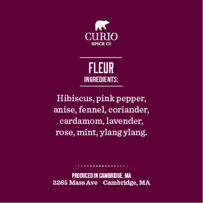 a graphic detailing the ingredients in the Fleur Spice: Hibiscus, pink pepper, anise, fennel, rose petals, coriander, spearmint, cardamom, lavender, ylang ylang.