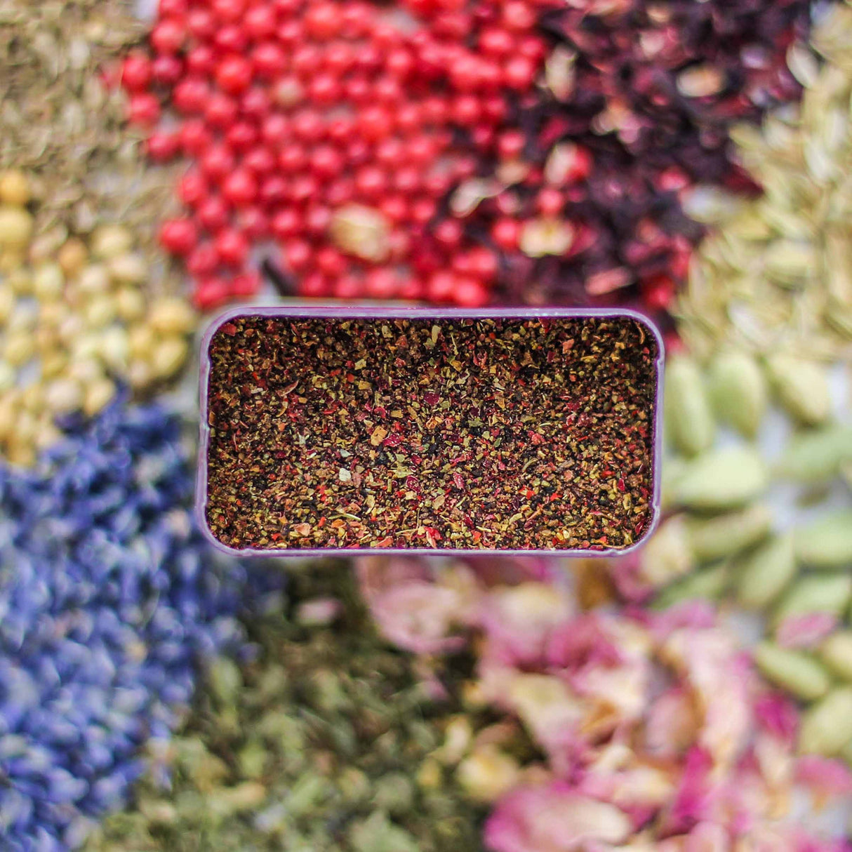 an above view of the open Fleur Spice tin showing the colorful spices. the tin is surrounded by a spectrum of color made of each of the spices and herbs found in the Fleur Spice