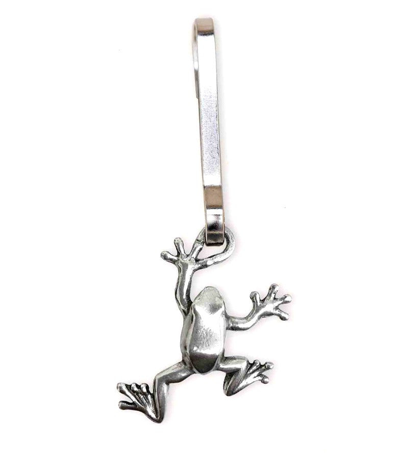 the pewter tree frog zipper pull on a white background