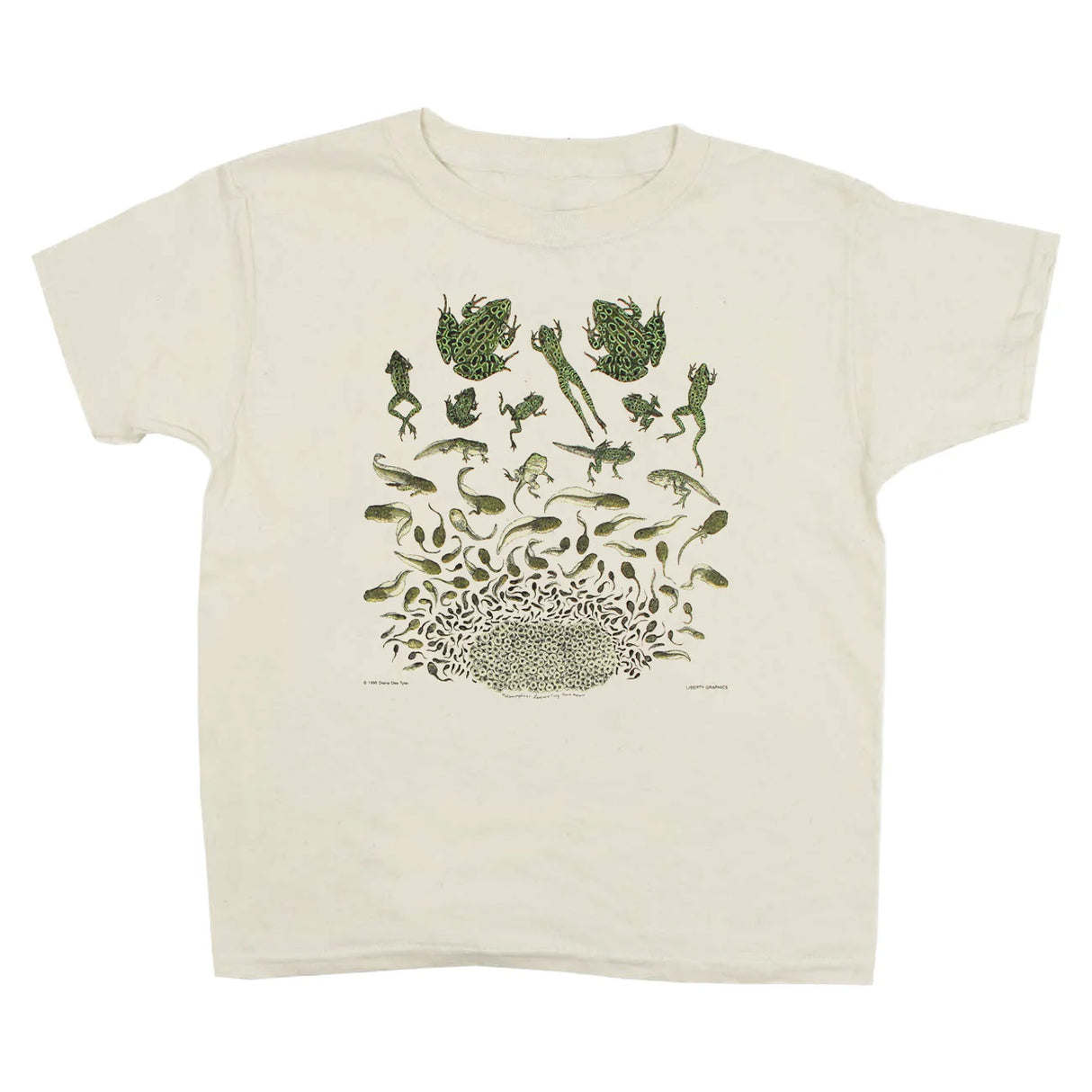 Beige t-shirt with illustrations of a frog's life cycle on a white background