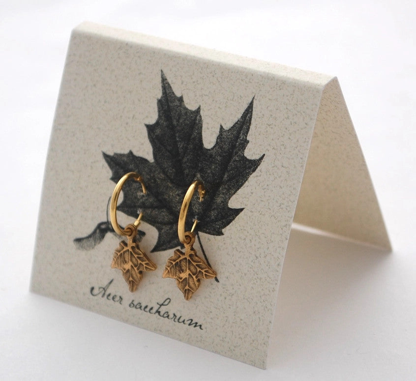 gold maple hoop earrings on an off white backer card printed with a black and gray illustration of a maple leaf