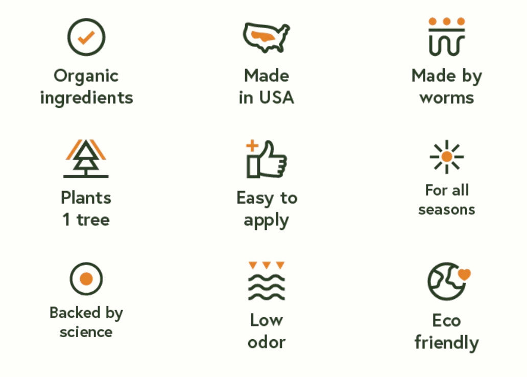 a graphic with product highlights: organic ingredients, made in USA, made by worms, plants 1 tree, easy to apply, for all seasons, backed by science, low odor, eco-friendly,