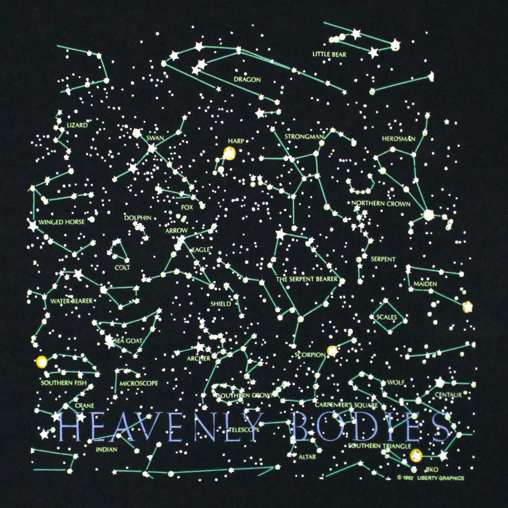 a close up of the constellation and star print on the front of the Heavenly Bodies tee shirt