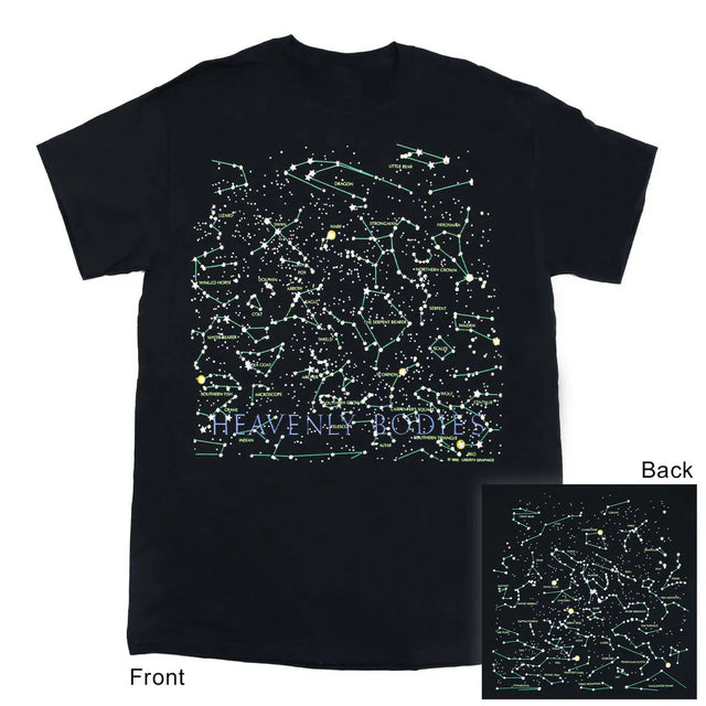 a black tee shirt with stars and constellations and the text "Heavenly Bodies" printed at the bottom