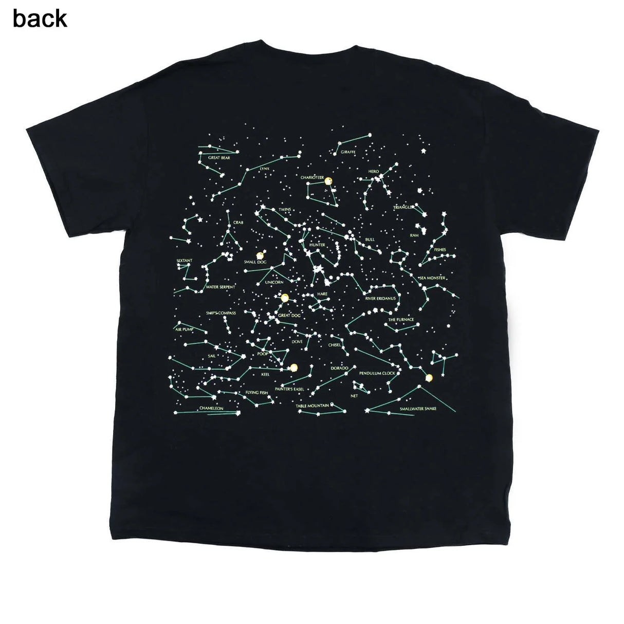 the back design of the heavenly bodies tee featuring more constellations