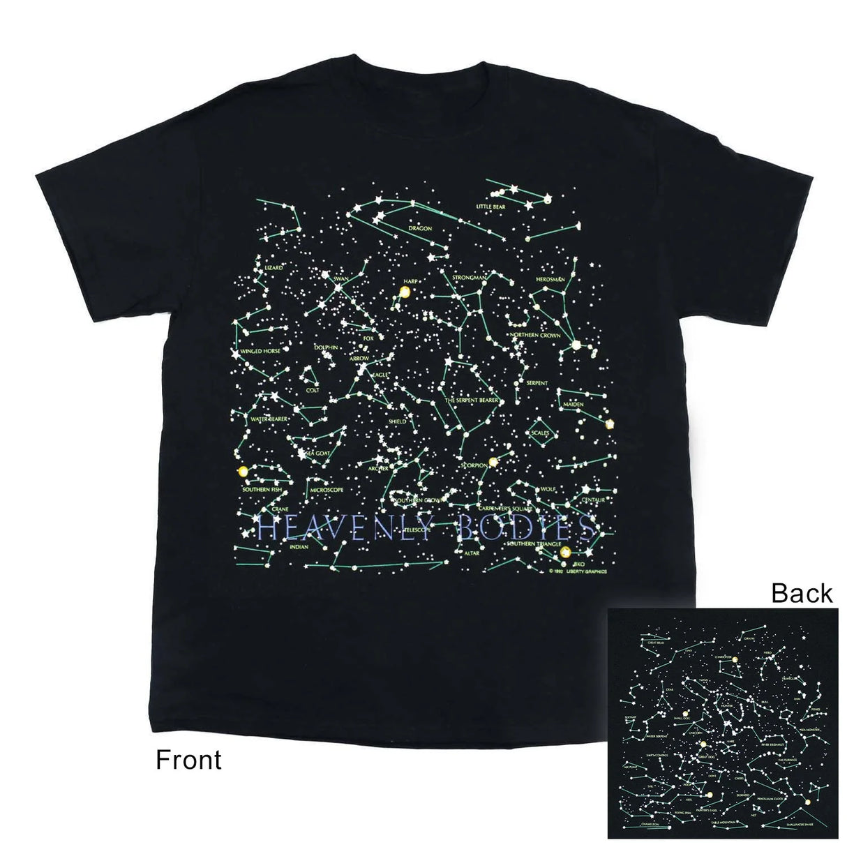 Black t-shirt with star constellation design on a white background