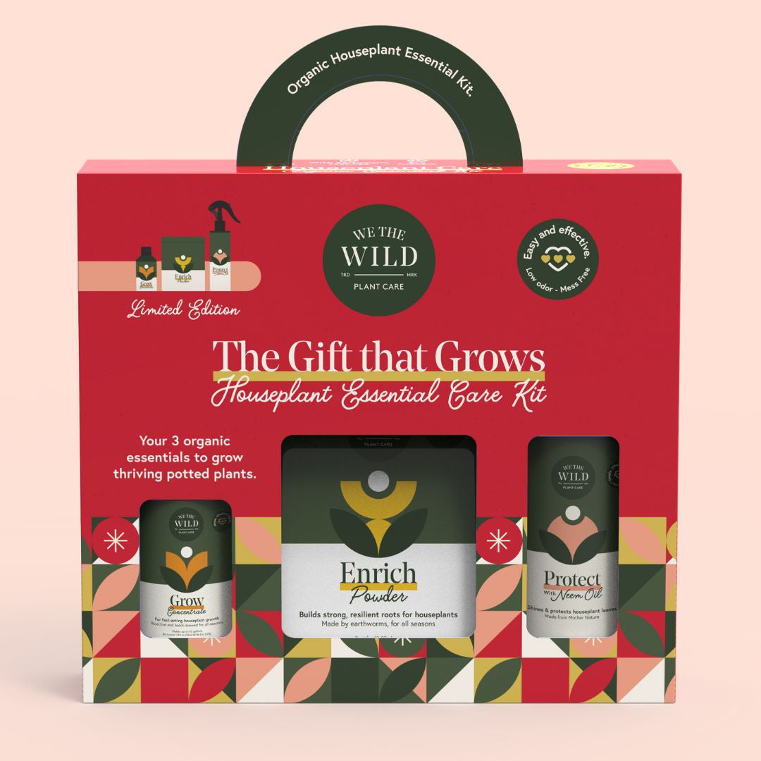 the holiday plant care kit featuring 3 products in a festive red package
