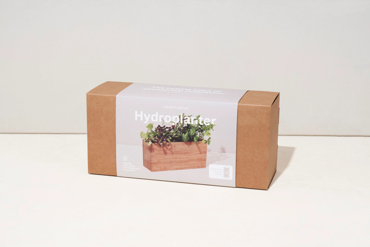 the smart bamboo hydroplanter in its packaging - a clean rectangular box with an image of the hydroplanter on it