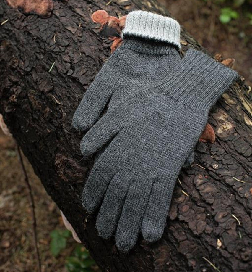 Gray & Silver Reversible Alpaca Gloves - Gray Side Shown with Cuff Folded Over Showing Silver