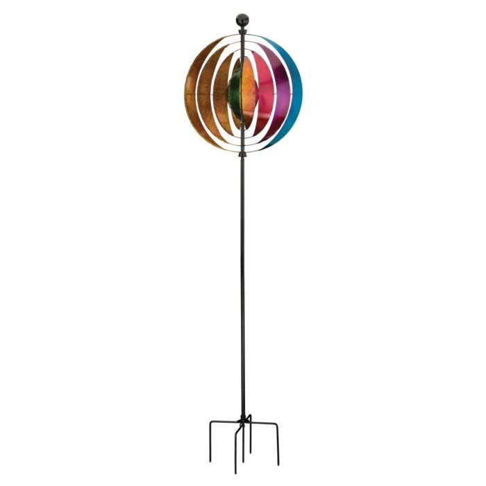 Full length image of the Vertical Wind Spinner - Illusion featuring vibrant kaleidoscope-colored metallic paint and an optical illusion effect as it spins