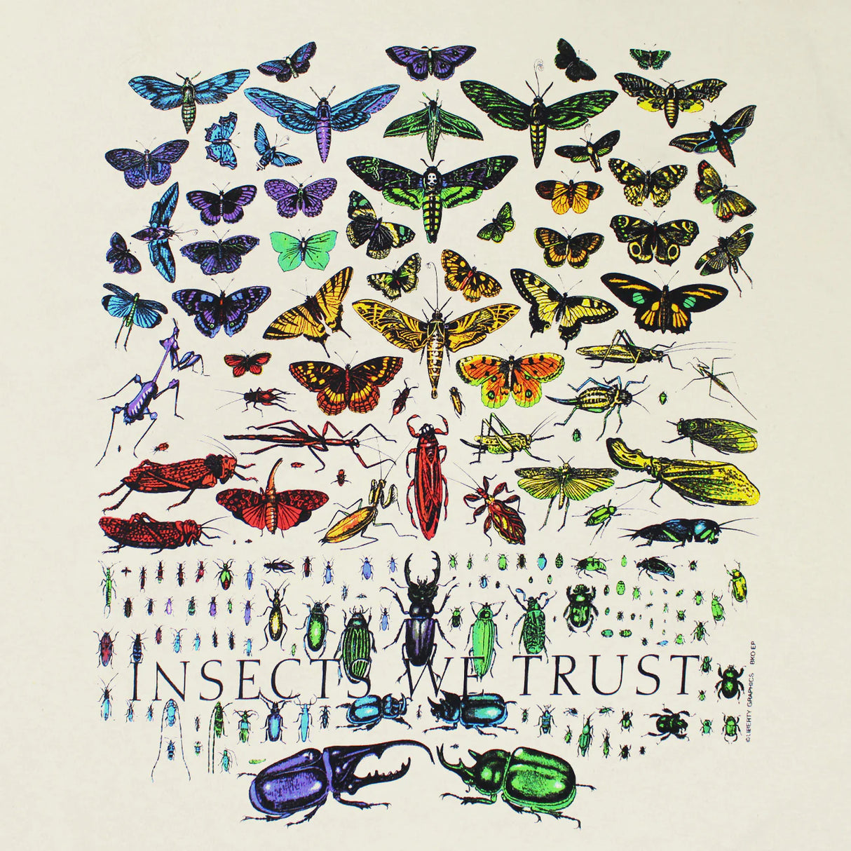 Colorful illustrations of many insects ranging in size and color against an off-white background with the text "Insects we Trust"