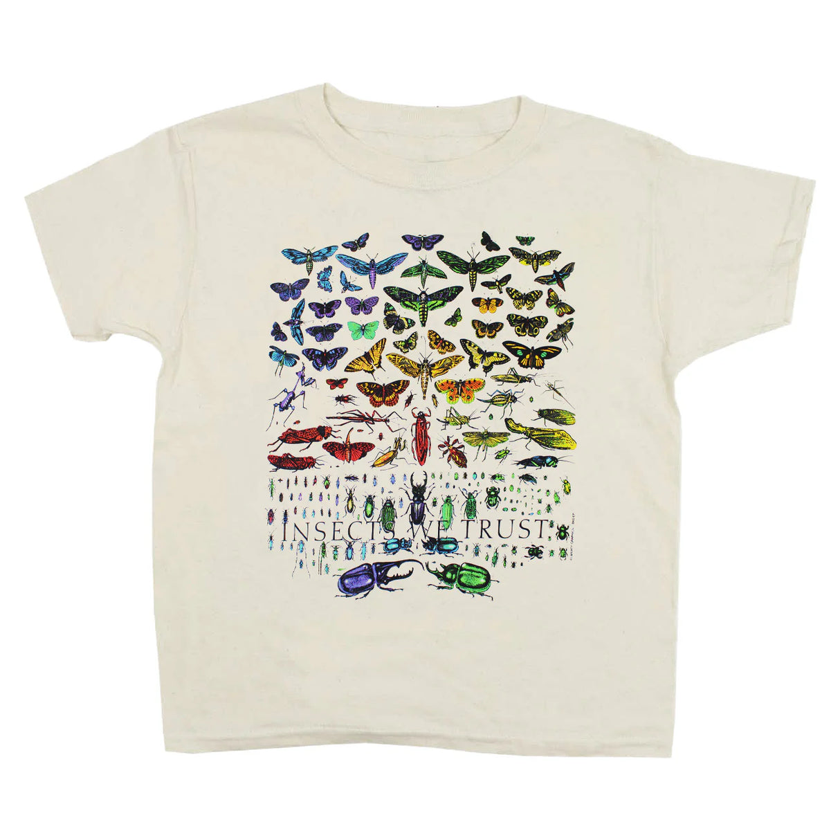 an off white kids tee with a colorful illustrations of many insects with the text "Insects We Trust"