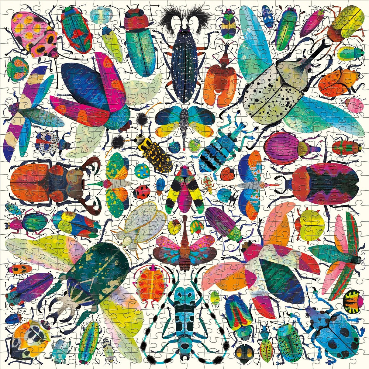assembled jigsaw puzzle of beetles arranged in kaleidoscope pattern