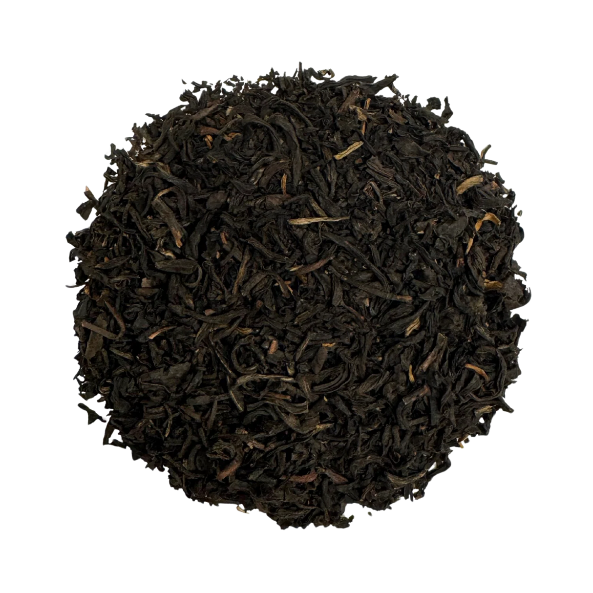 a round pile of lapsang souchong tea against a white background