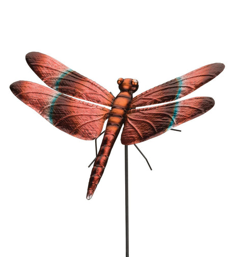 Close-up of the Meadowhawk dragonfly stake, highlighting the hand-painted metallic finish and fine craftsmanship