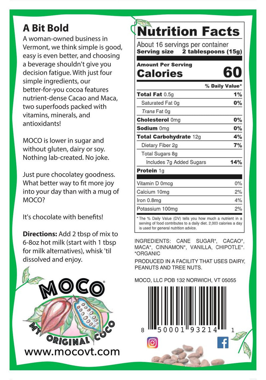 the back of the cocoa package showing ingredients, nutrition facts, and preparation instructions