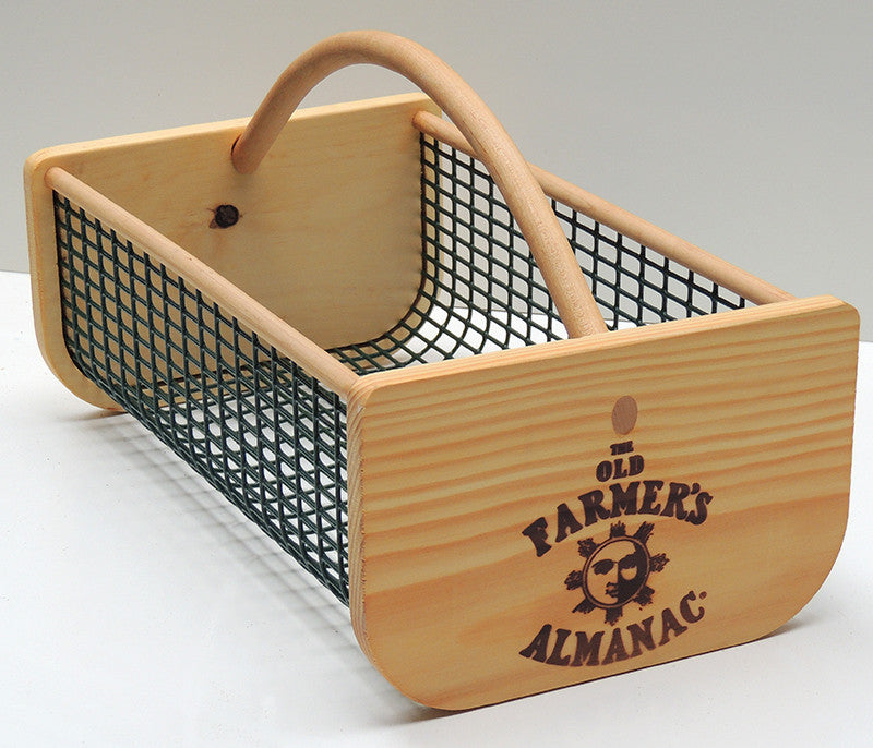 the wood and wire Old Farmer's Almanac Garden Hod with fire branded sun logo against a white background