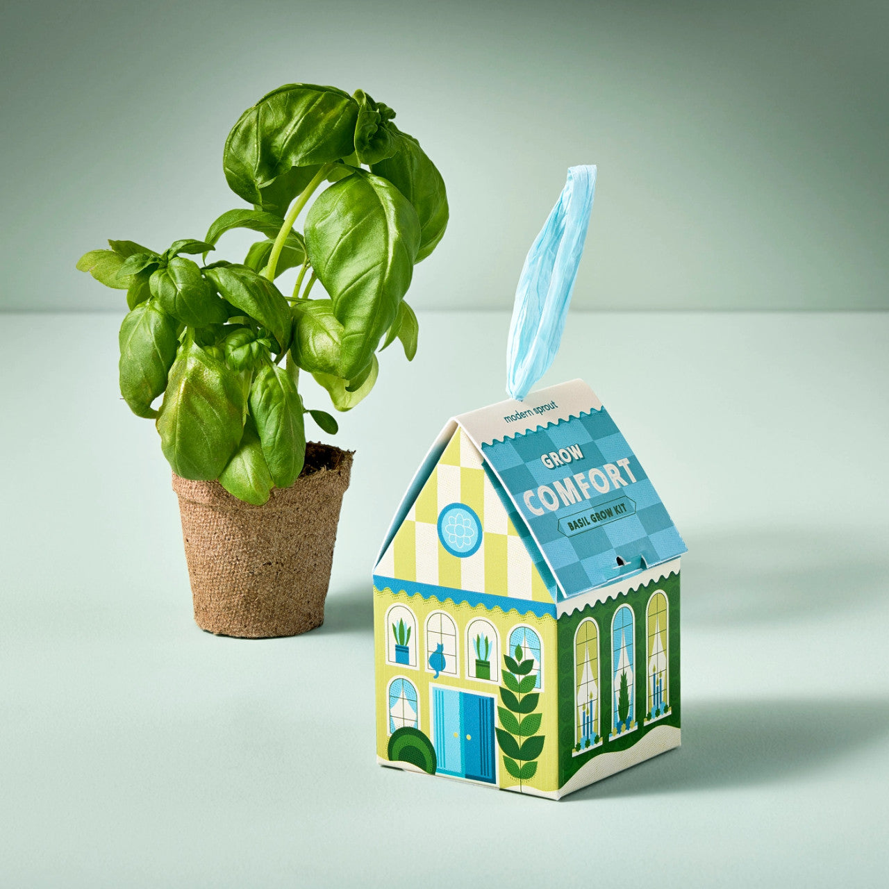 the Grow Comfort - basil ornament next to a small potted peppermint plant grown with the supplies that came with the ornament