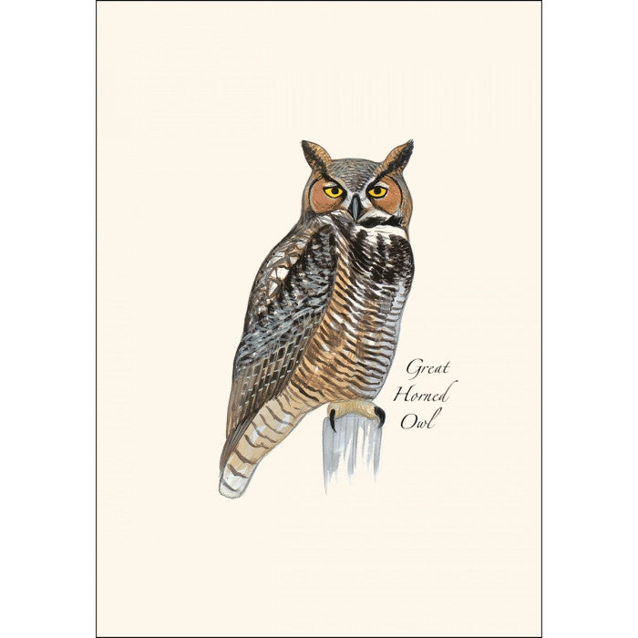 a close up of the art on one of the notecards featuring an illustration of a great horned owl