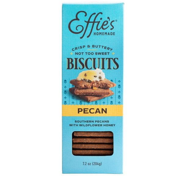 Effie's Pecan biscuits in teal blue box with window showing the biscuits